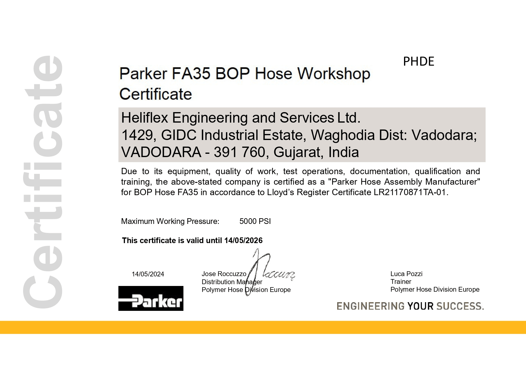 heliflex hose certificate