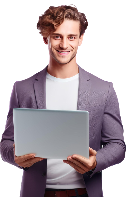 Professional man standing with laptop representing Martech solutions